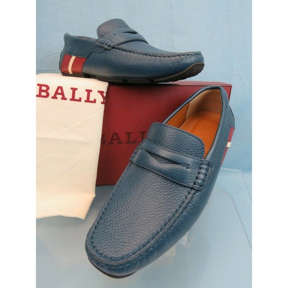 BALLY PIOTRE BLUE GRAINED LEATHER WEB LOGO DRIVER PENNY LOAFERS 11 D US 44